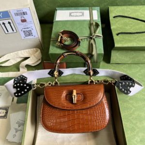 Gucci Bamboo Leather Crocodile Handbag - Brown 90940