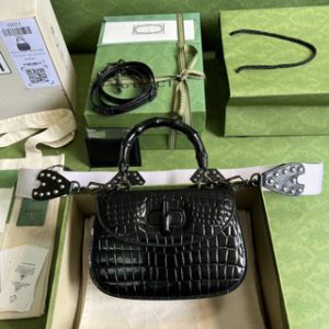 Gucci Crocodile Leather Bamboo Handbag - Black 94530