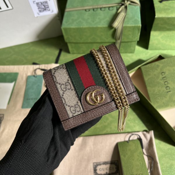 Gucci Brown GG pattern Leather Chain Wallet 64383