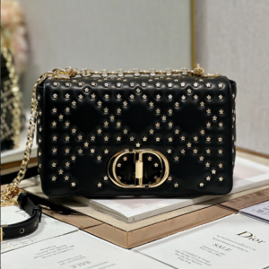 Dior Medium Caro Handbag - Pentagonal Star Black Gold Buckle 91884