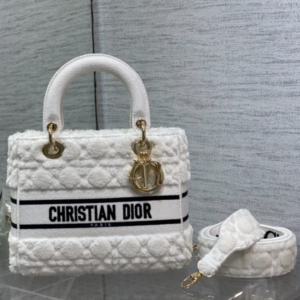 Dior Lady Five Grid Princess Diana Furry Spot Handbag - White 64623