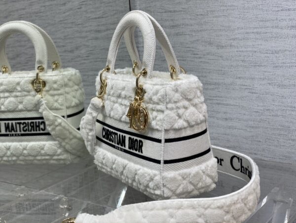 Dior Lady Five Grid Princess Diana Furry Spot Handbag - White 64623 - Image 4