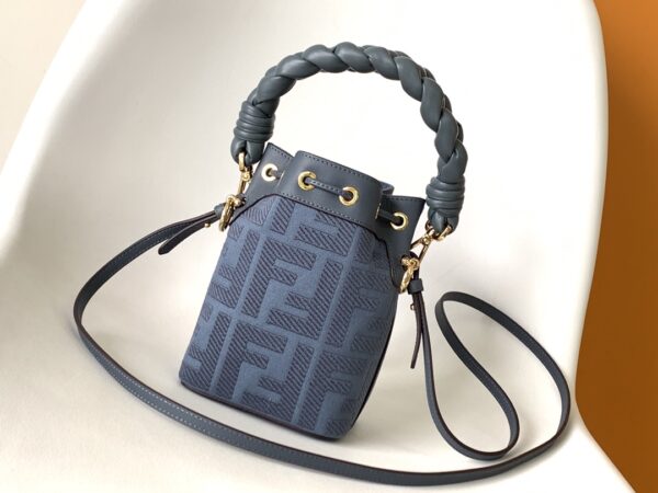 Fendi Mon Tresor Mini FF Embroidered Bucket Bag - Blue 73778 - Image 5