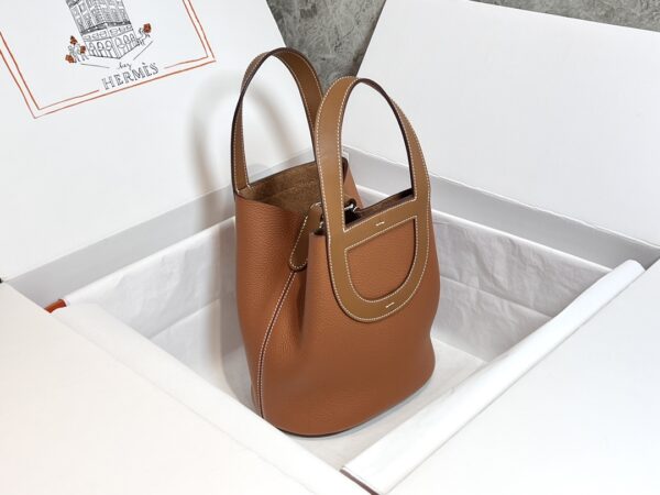 Hermes Pig Nose Vegetable Basket Bag - Golden Brown Silver Buckle 52130 - Image 3