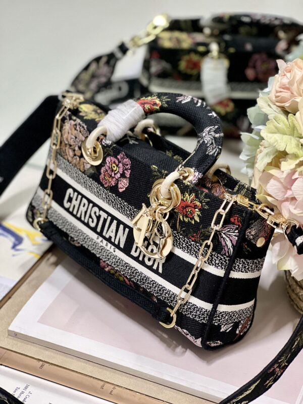 Dior Medium Lady D-Joy Embroidered Handbag - Black Flowers 10483 - Image 5