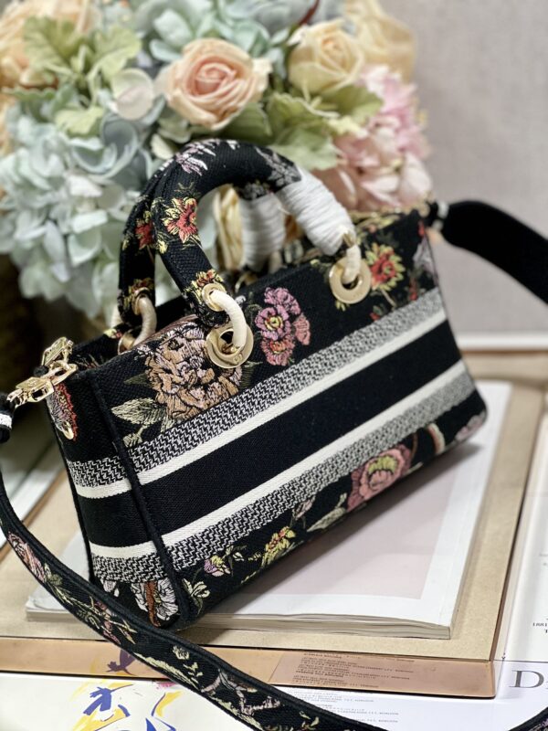 Dior Medium Lady D-Joy Embroidered Handbag - Black Flowers 10483 - Image 4