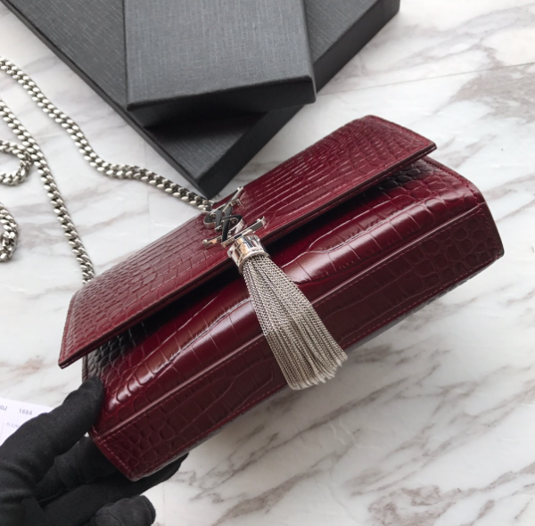 YSL Yves Saint Laurent Mini Crocodile Pattern Tassel Bag – Maroon 98206 - Image 5