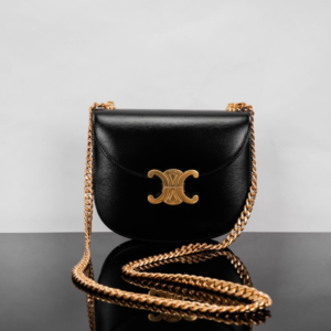 Celine Teen Besace Triomphe Glossy Cow Leather Chain Handbag - Black 45469
