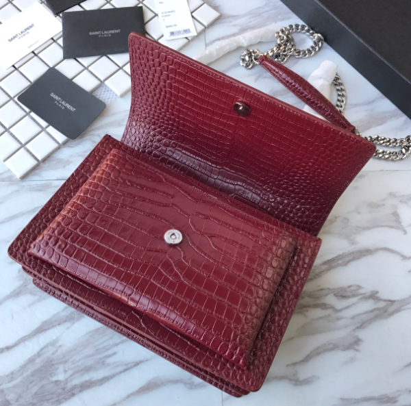 YSL Yves Small Crocodile Handbag - Maroon 46033 - Image 3