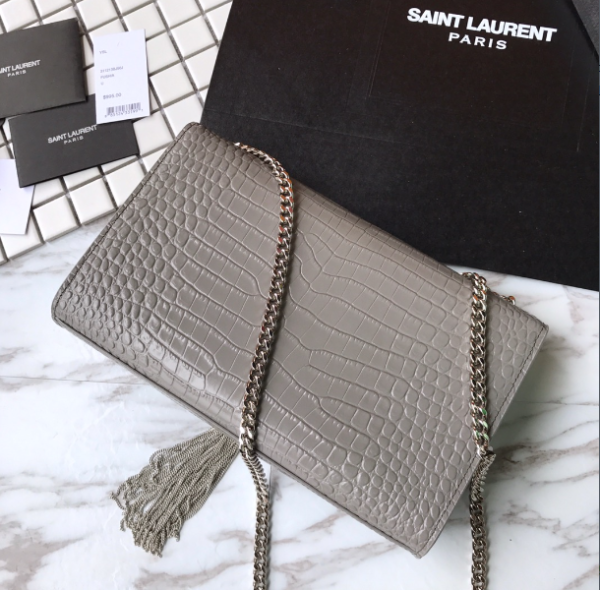 YSL Yves Saint Laurent Small Crocodile Pattern Tassel Bag - Gray 28197 - Image 3