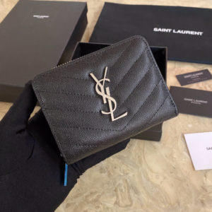 YSL Caviar Zipper Large Capacity Short Wallet - Black (Silver) 84826