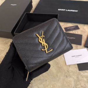 YSL Caviar Zipper Large Capacity Short Wallet - Black (Golden) 25448