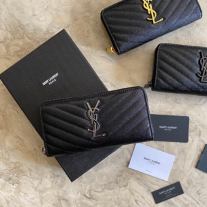YSL Caviar Zipper Wallet - Black (Silver) 35397