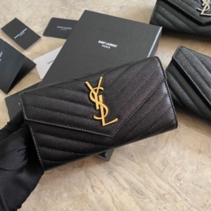 YSL Caviar Wallet Practical One zipper Compartment Bag - Black (Golden) 97201