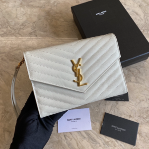 YSL Caviar Clutch With Small Handle - White (Golden) 29885