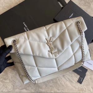 YSL Bi-Fold Back Shoulder Quilted Lambskin Large Bag – White (Silver) 68428