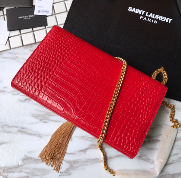 YSL Yves Saint Laurent Small Crocodile Pattern Tassel Bag - Red 95875 - Image 3