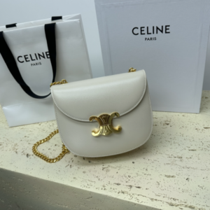 Celine Teen Besace Triomphe Glossy Cow Leather Chain Handbag - White 13319