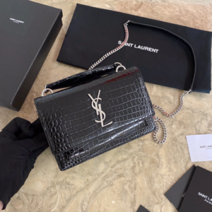YSL Hot Small Crocodile Pattern Shoulder Bag - Black 77677