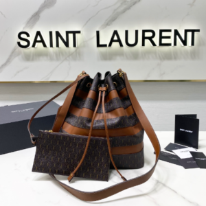 YSL Saint Laurent Le Monogramme Stripe Faux Leather Bucket Bag - Brown 87802