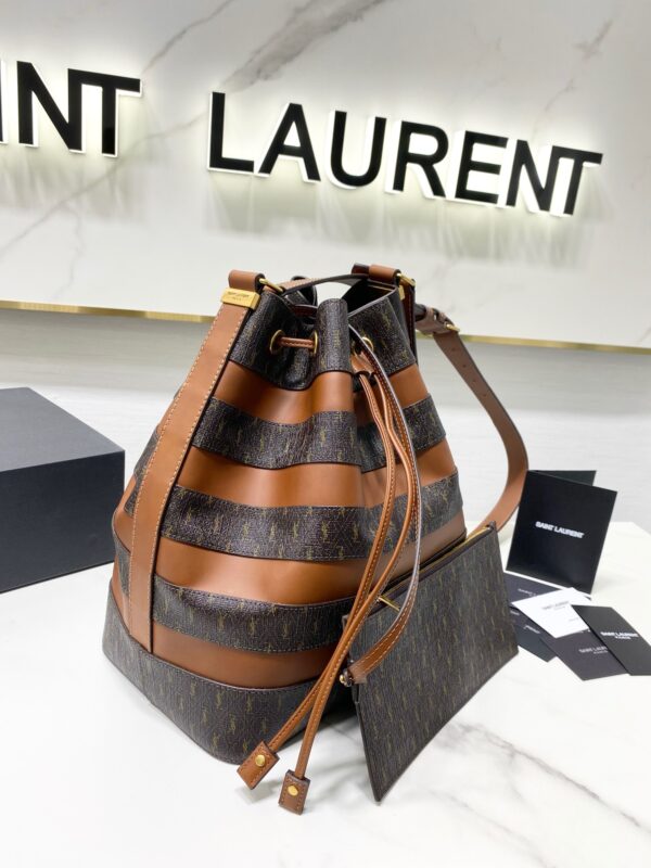 YSL Saint Laurent Le Monogramme Stripe Faux Leather Bucket Bag - Brown 87802 - Image 5