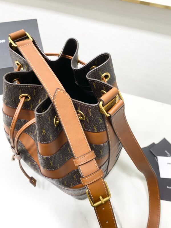 YSL Saint Laurent Le Monogramme Stripe Faux Leather Bucket Bag - Brown 87802 - Image 4