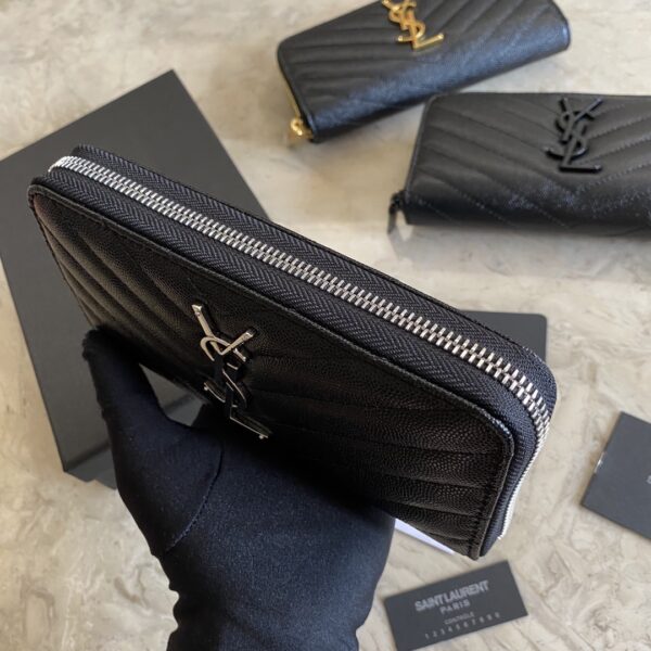 YSL Caviar Zipper Wallet - Black (Silver) 35397 - Image 2