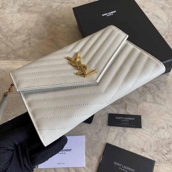 YSL Caviar Clutch With Small Handle - White (Golden) 29885 - Image 4