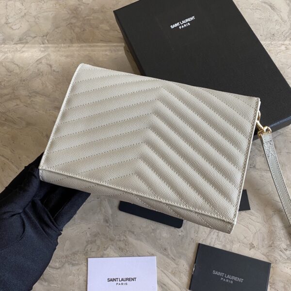 YSL Caviar Clutch With Small Handle - White (Golden) 29885 - Image 5