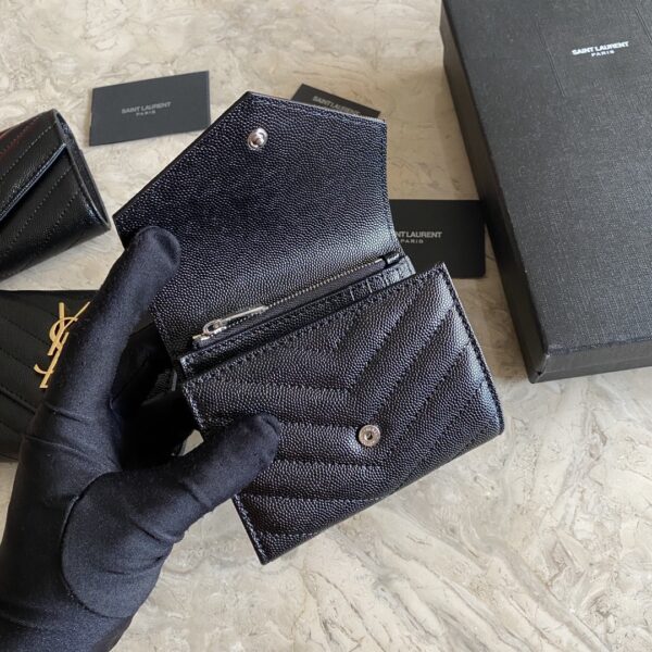 YSL Caviar Short Tri-fold Wallet - Black (Silver) 33139 - Image 2