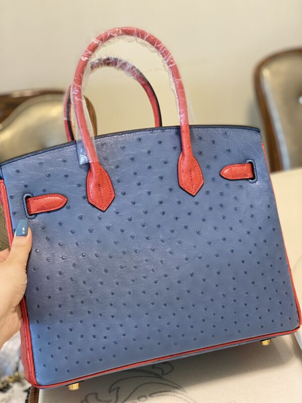 Hermes Ostrich Skin Hand Bag - Blue/Red 77047 - Image 3