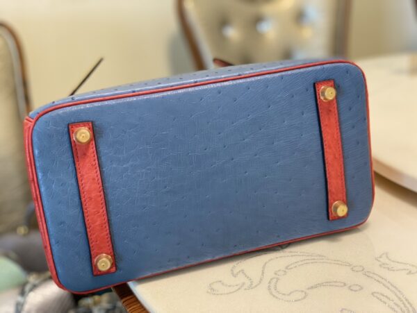 Hermes Ostrich Skin Hand Bag - Blue/Red 77047 - Image 2