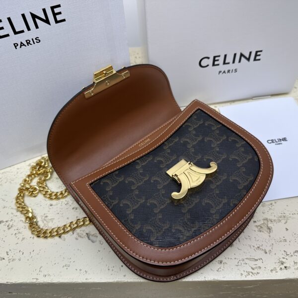 Celine Teen Besace Triomphe Glossy Cow Leather Chain Handbag - Brown 14451 - Image 5