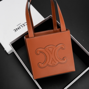 Celine Triomphe Logo Embossed Calfskin Cube Handbag - Brown 73470