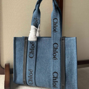 Chloe Woody Medium Handsome Denim Fabric Tote Bag 24488